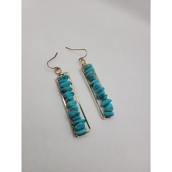 Vintage Blue Chip Bar Earrings Gold Tone Rectangular Dangle Boho Pierced Jewelry - Picture 9 of 11